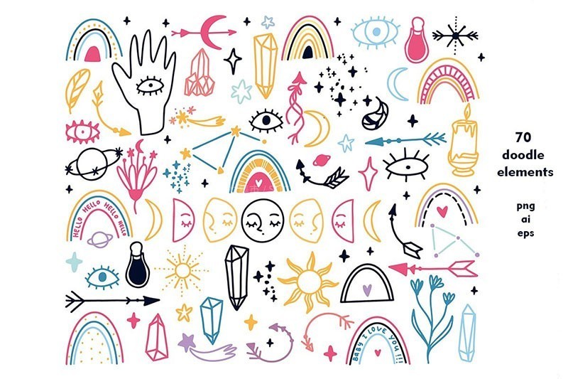 70款手绘涂鸦魔法元素包,AI PNG格式